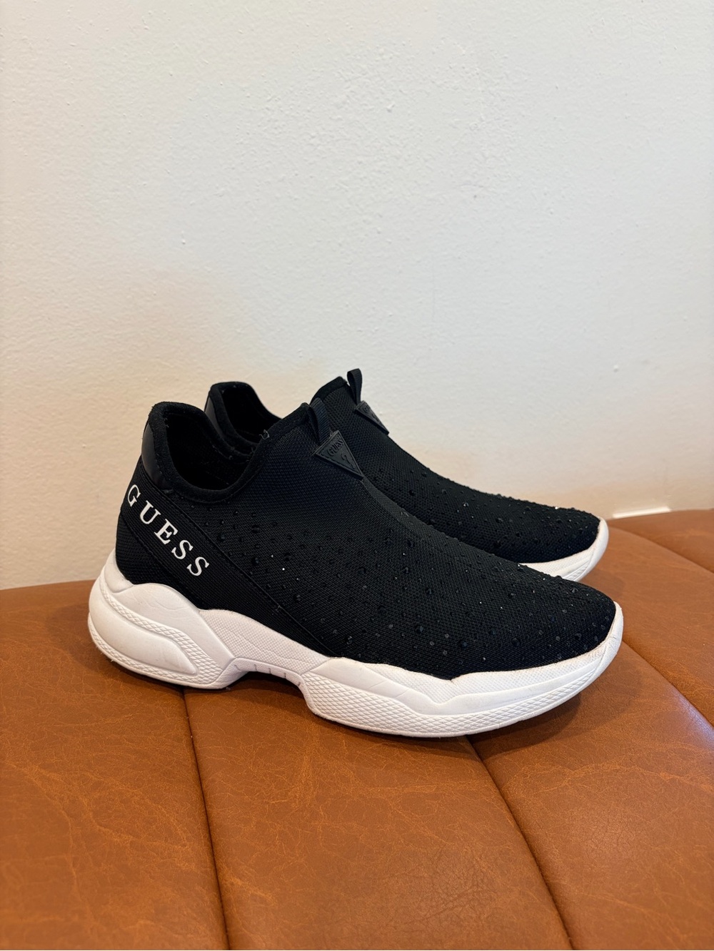 GUESS Women’s Black Slip-On Sneakers with White Sole and rhinestones size 8